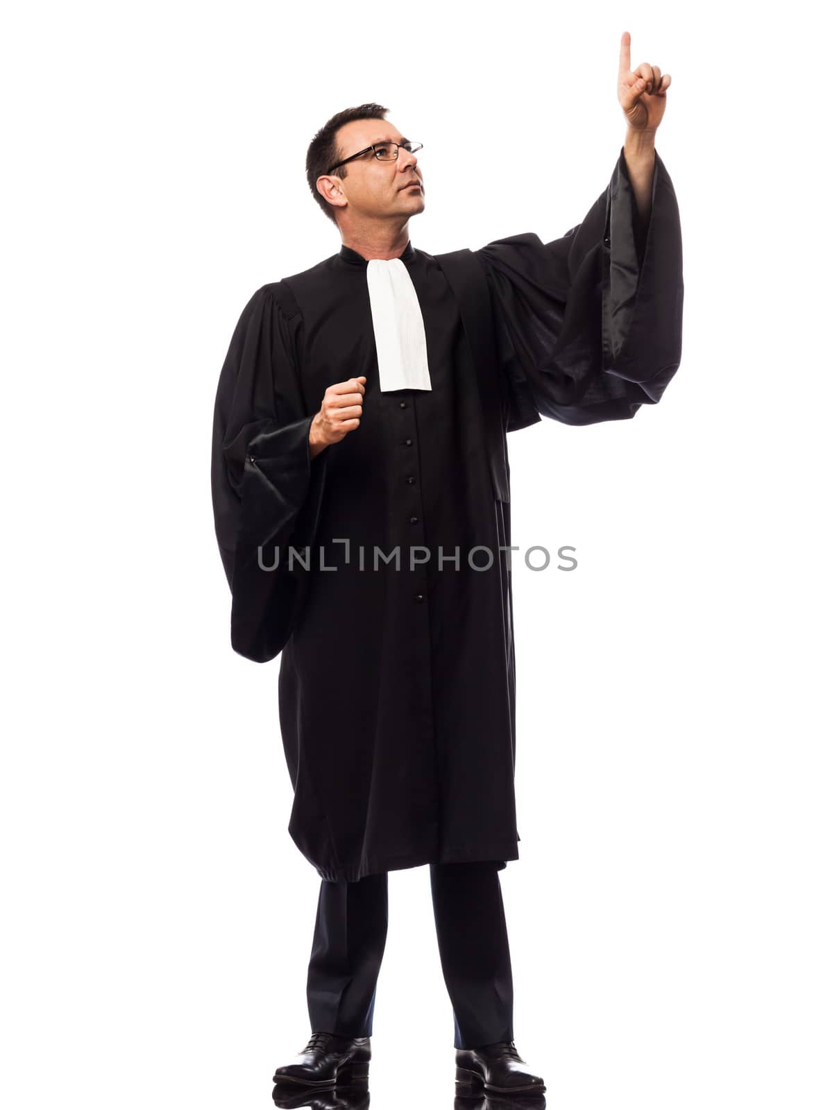 one caucasian lawyer man pleading in studio isolated on white background