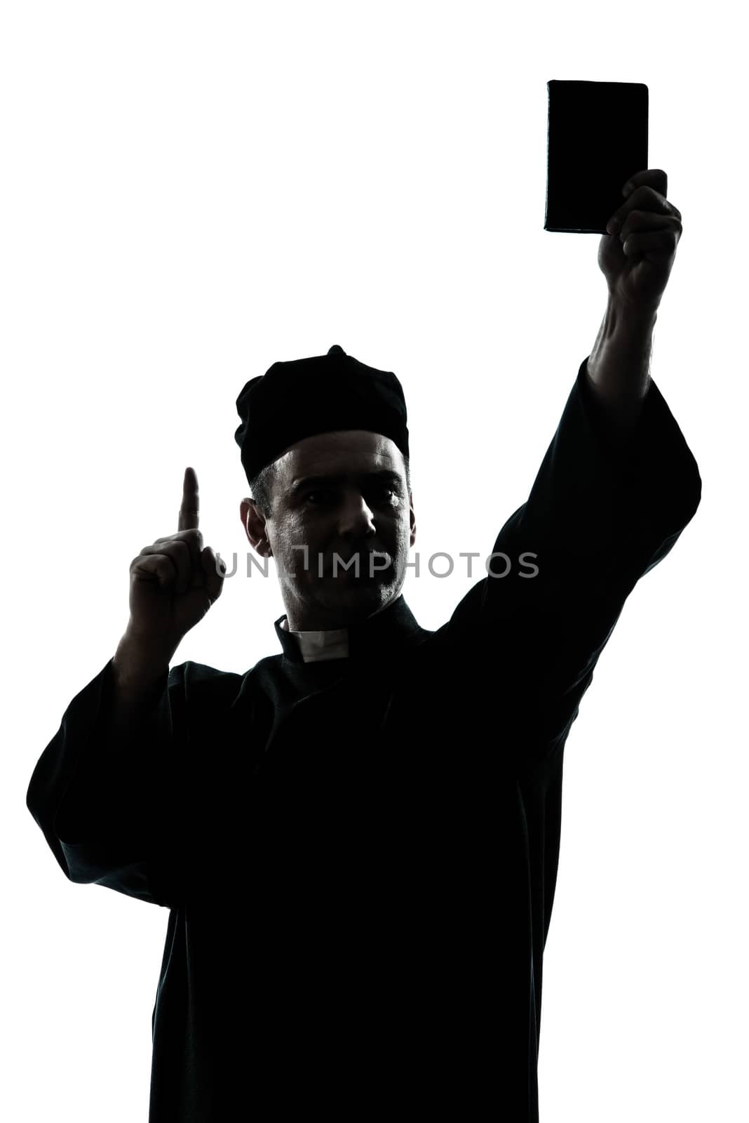 one caucasian man priest wrath of god silhouette in studio isolated on white background