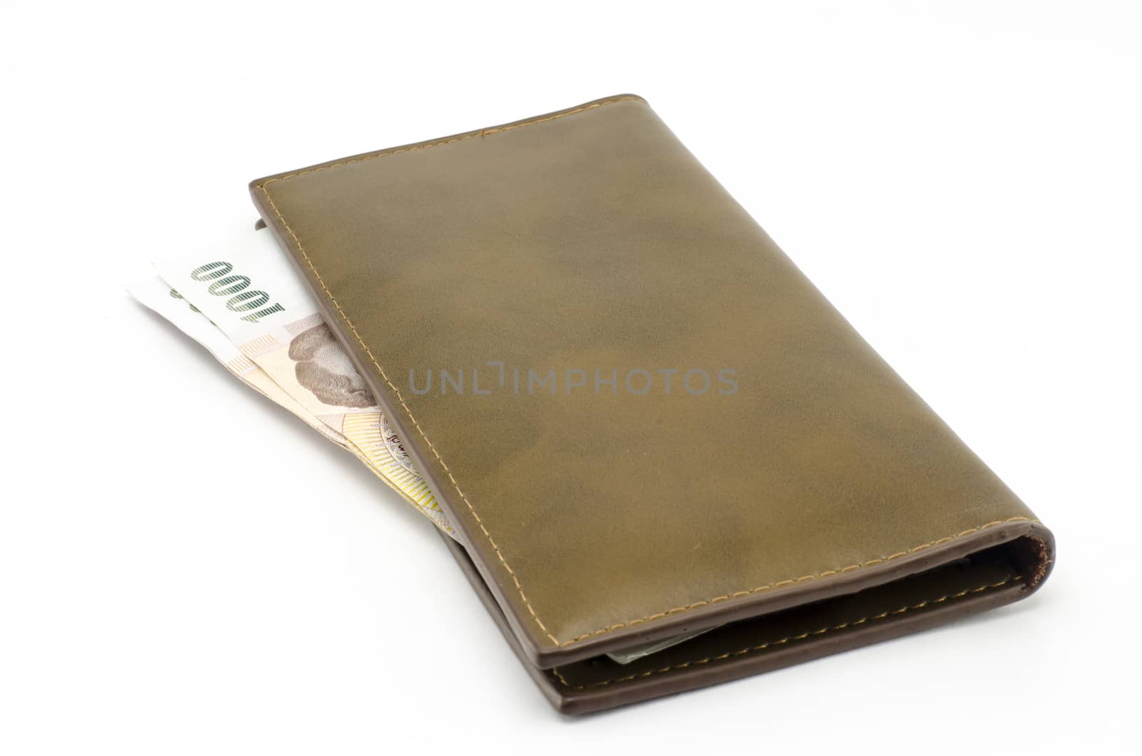 thai banknote in brown wallet isolated on white background