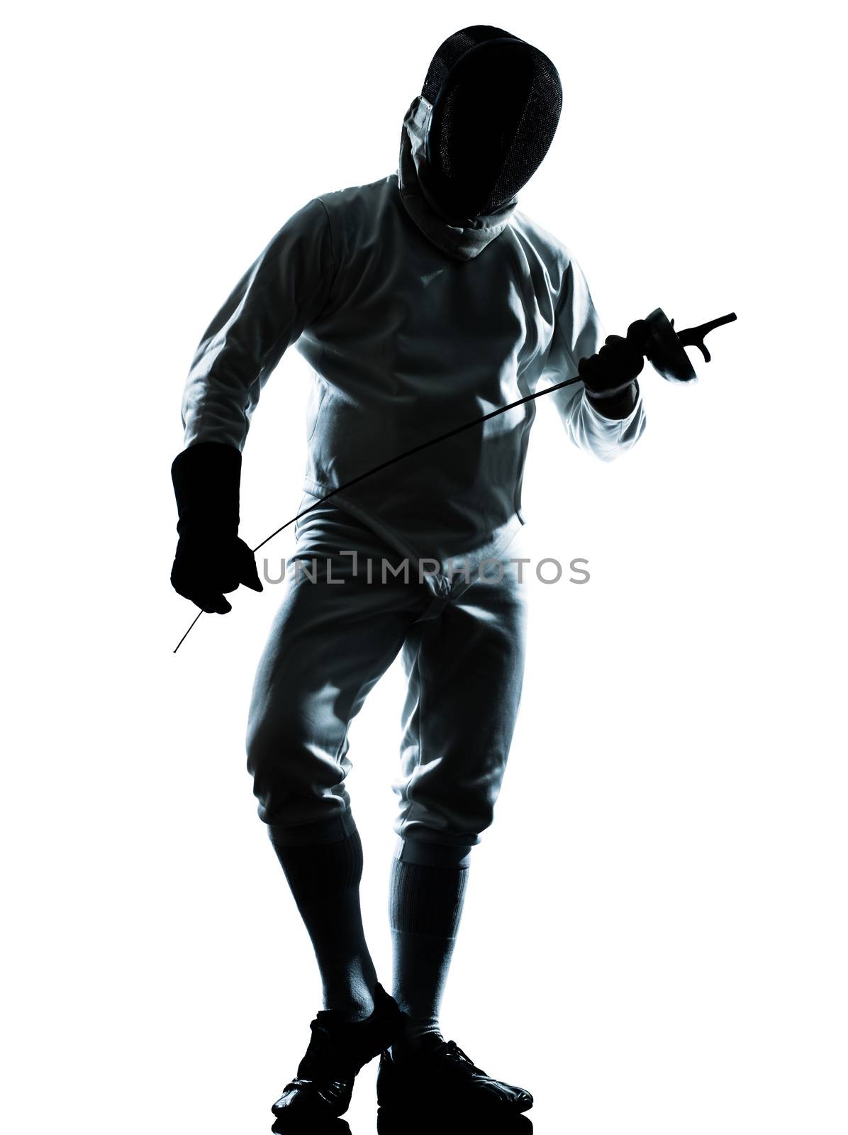 one man fencing silhouette in studio isolated on white background