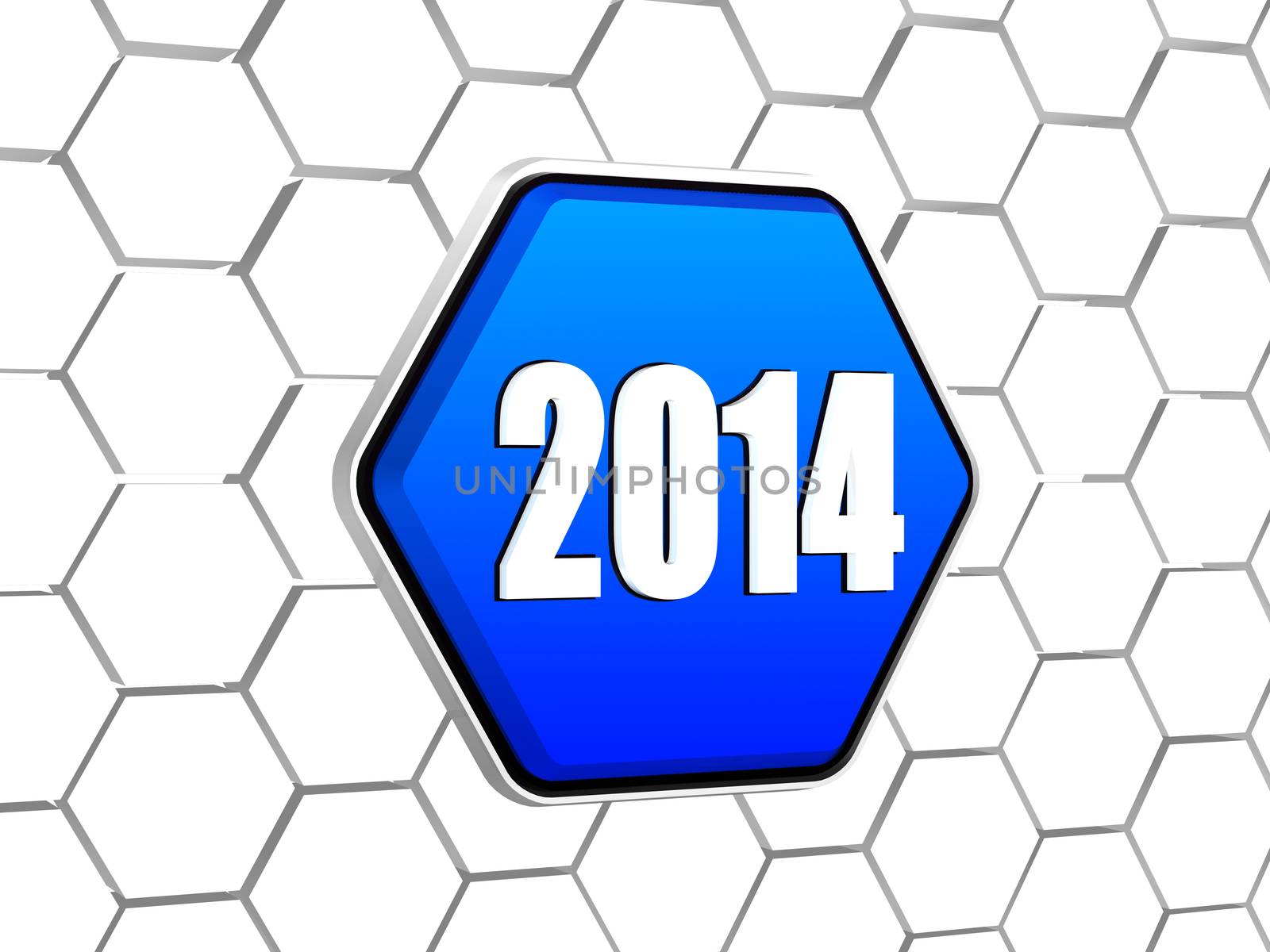 new year 2014 - white ciphers on 3d blue hexagon button in cellular structure