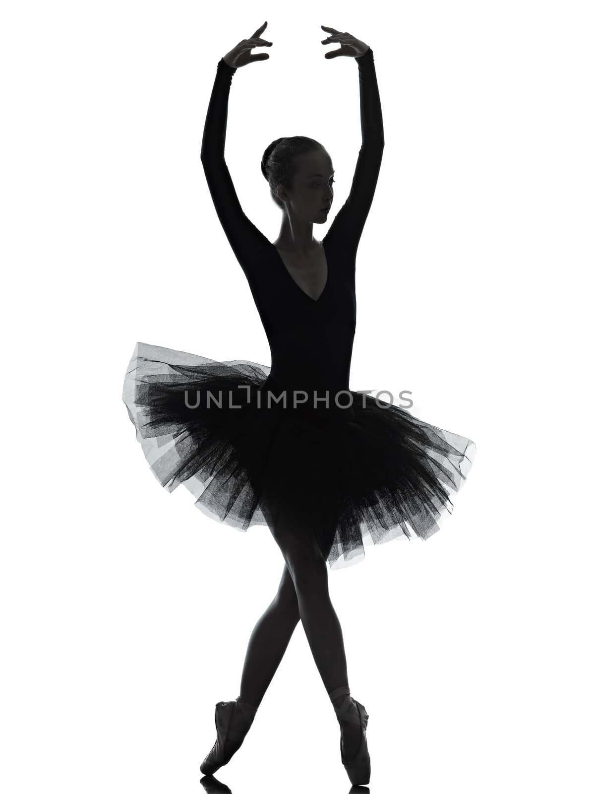 one caucasian young woman ballerina ballet dancer dancing with tutu in silhouette studio on white background