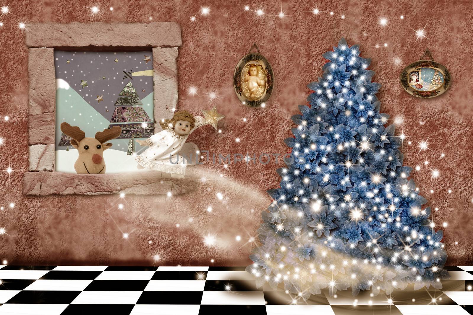 happy and magical scene eve, angel, reindeer and Christmas tree inside the home