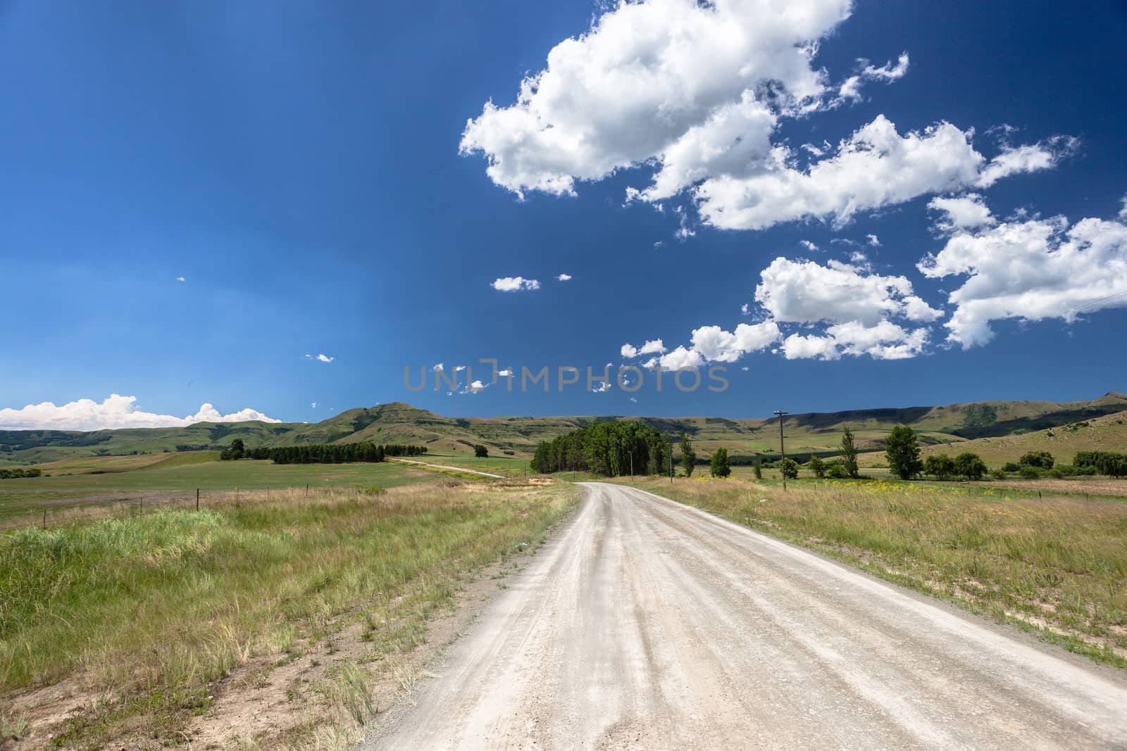 Summer mountain scenic landscape on dirt road through countryside with blue sky white cloud puffs.