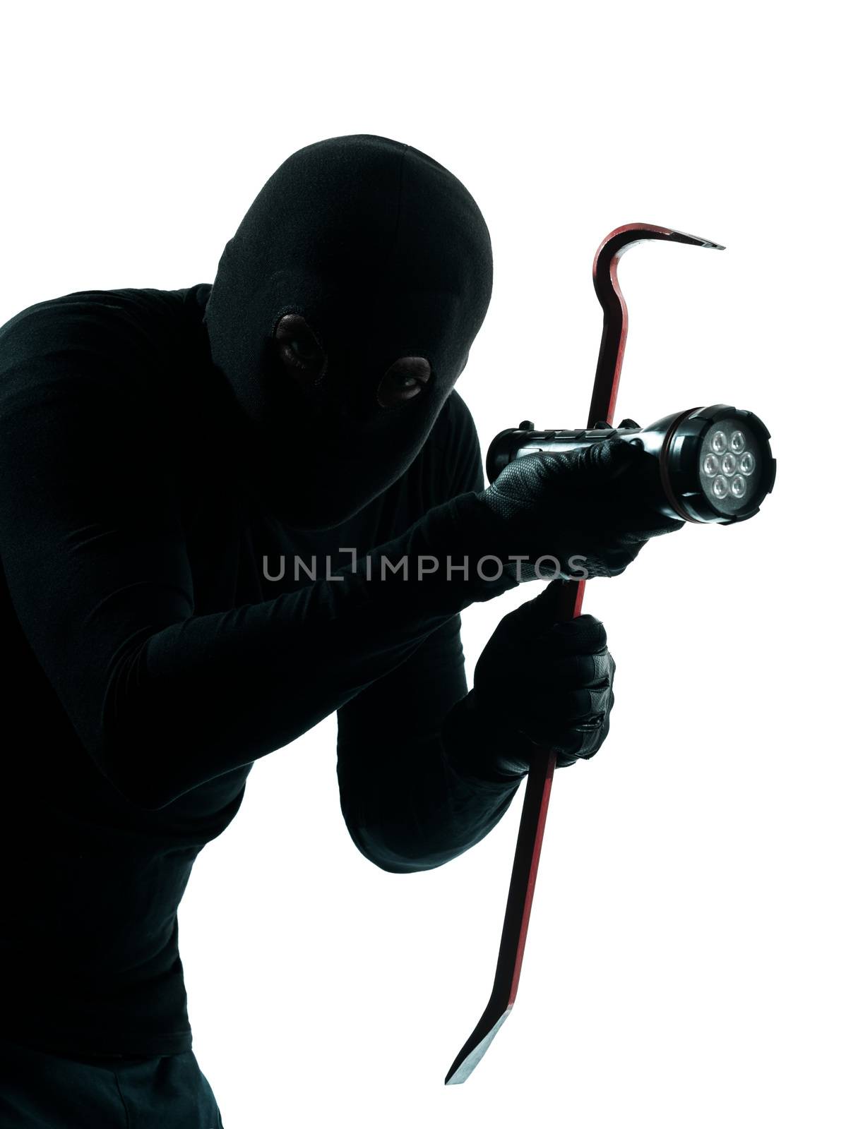 thief criminal burglar portrait masked in silhouette studio isolated on white background