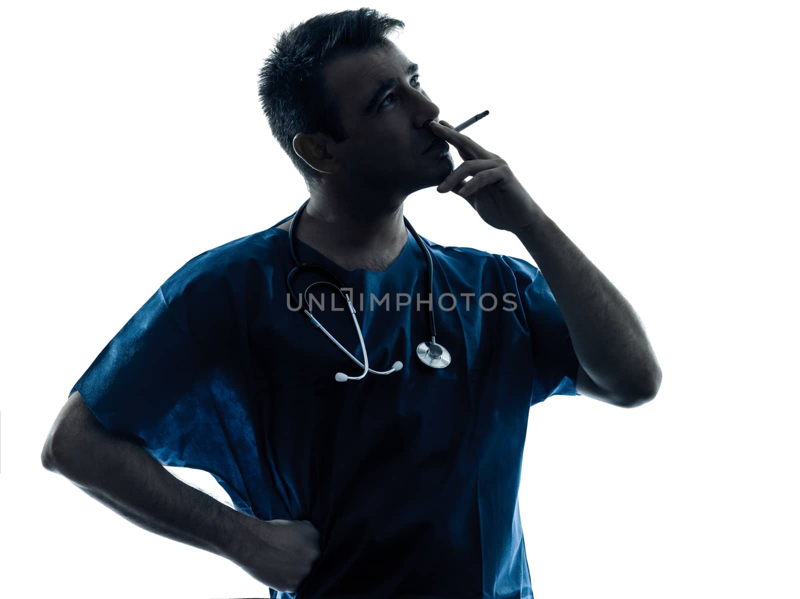 one caucasian man surgeon smoking medical worker silhouette isolated on white background