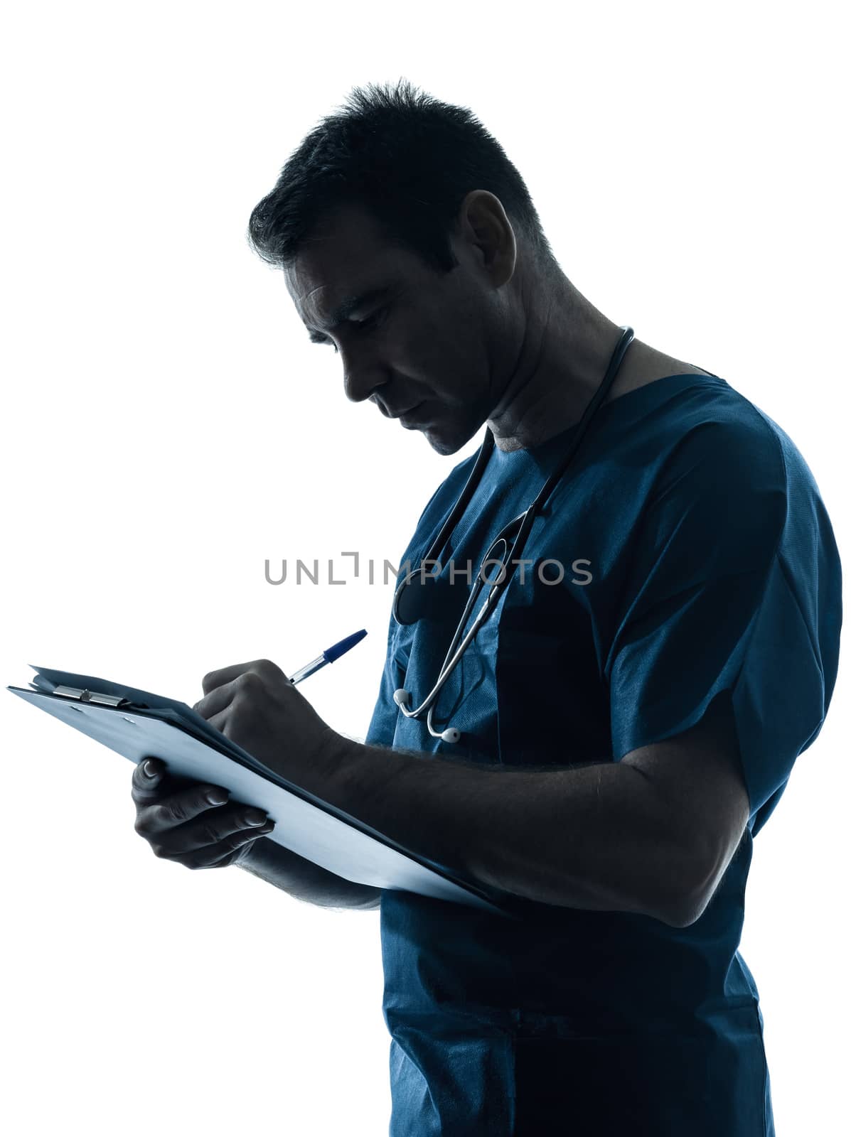 one caucasian man doctor surgeon medical worker writing portrait silhouette isolated on white background