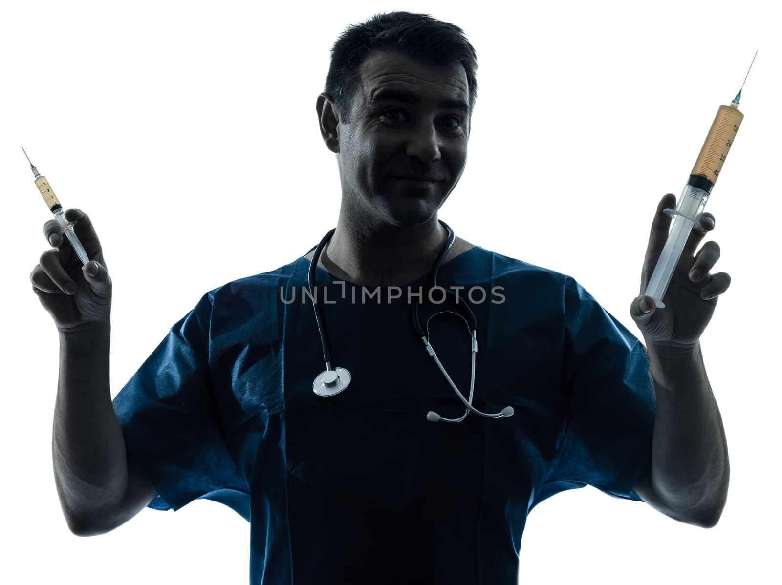 one caucasian man doctor surgeon medical worker holding hypodermic syringe silhouette isolated on white background