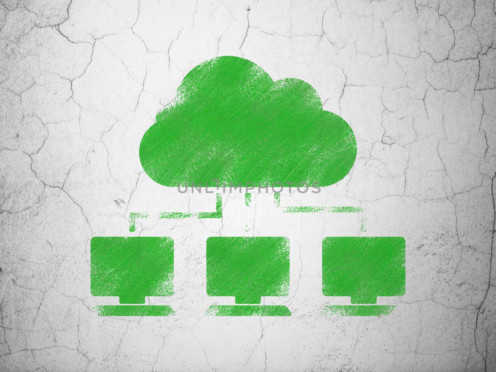 Cloud computing concept: Green Cloud Network on textured concrete wall background, 3d render
