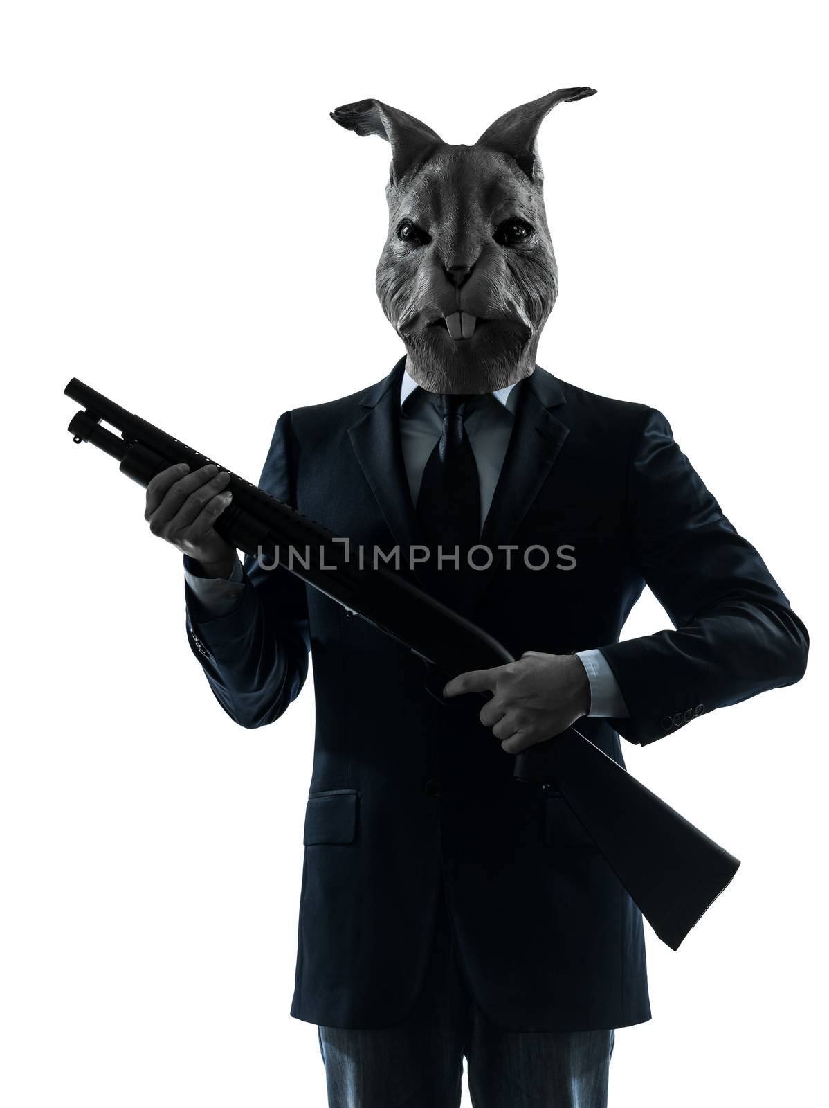 man with rabbit mask hunting with shotgun silhouette portrait by PIXSTILL