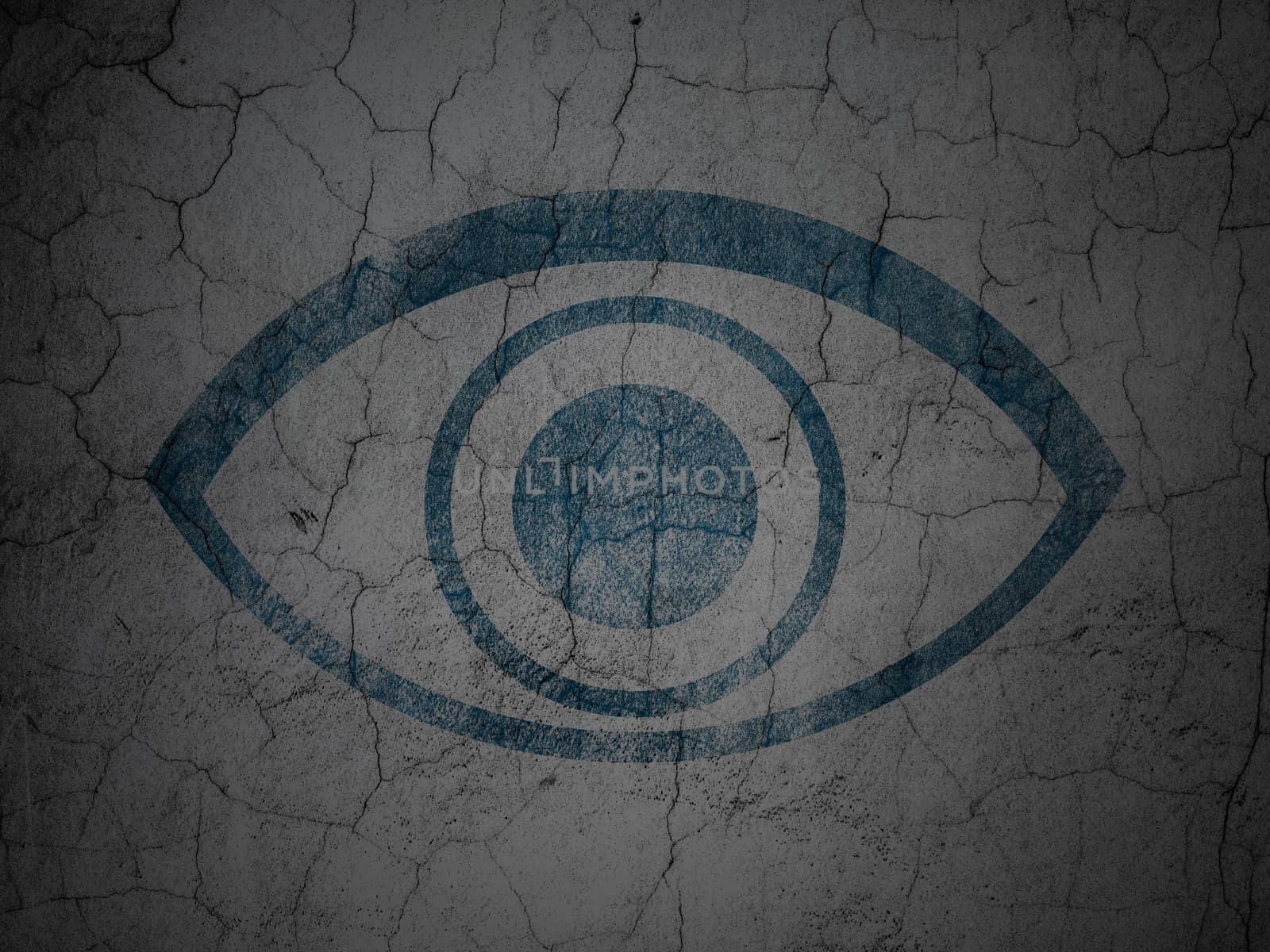 Security concept: Blue Eye on grunge textured concrete wall background, 3d render