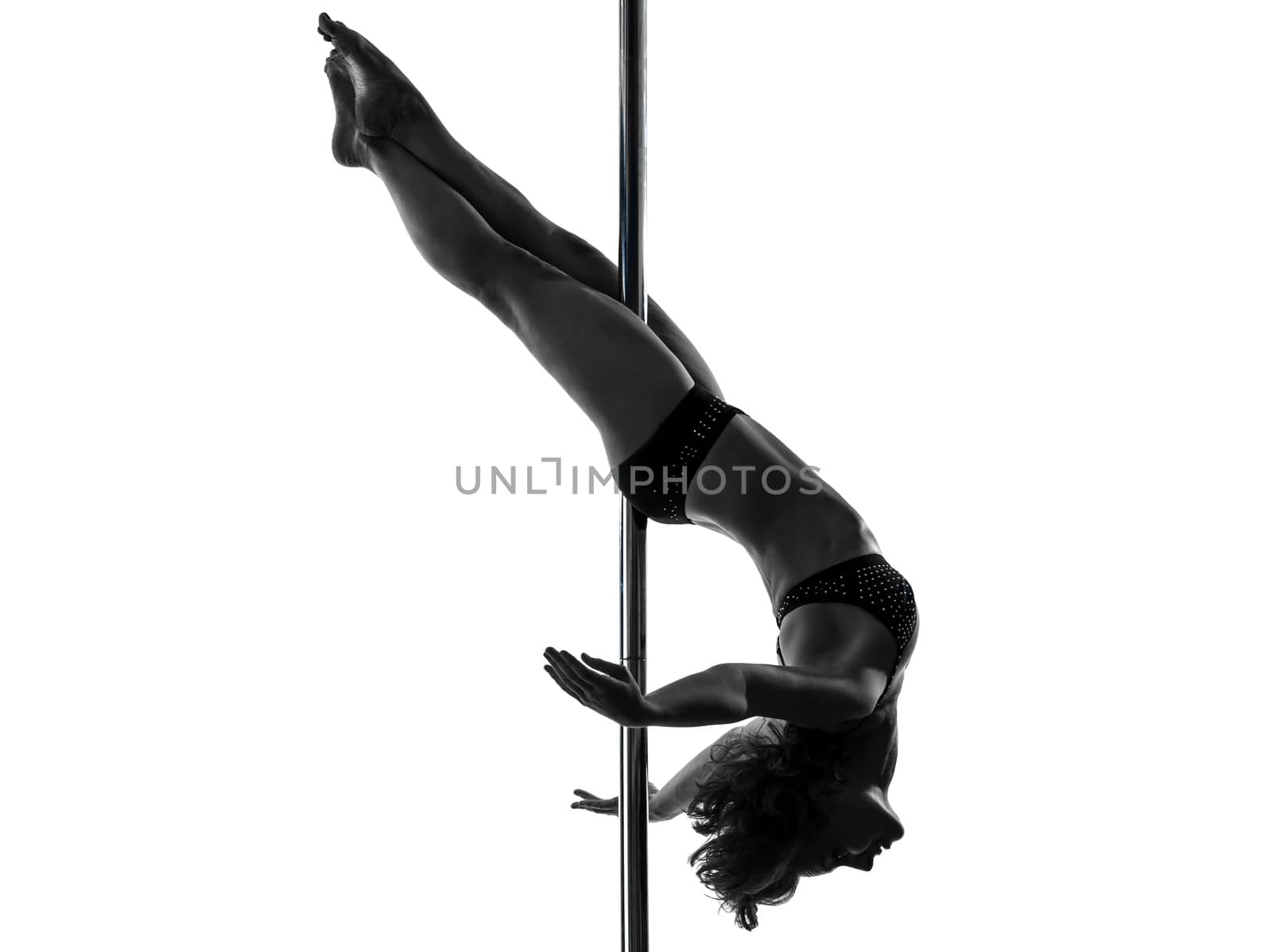 one caucasian woman pole dancer dancing in silhouette studio isolated on white background