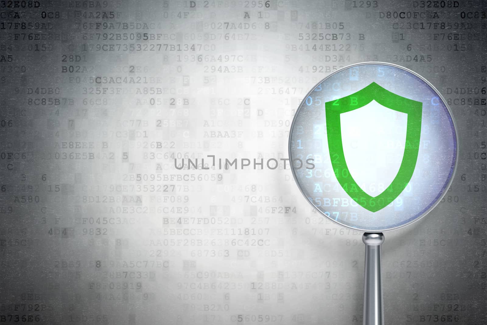 Safety concept: magnifying optical glass with Contoured Shield icon on digital background, empty copyspace for card, text, advertising, 3d render