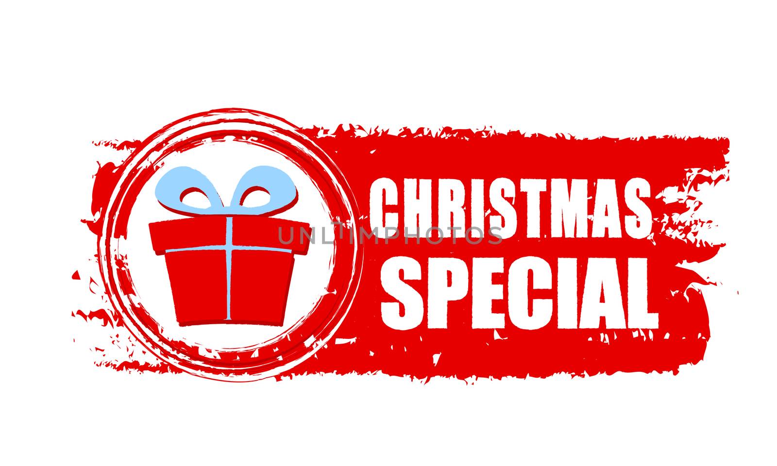 christmas special - text and gift box sign on red drawn banner, business holiday concept
