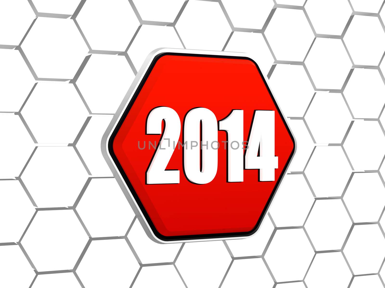 new year 2014 - white ciphers on 3d red hexagon button in cellular structure