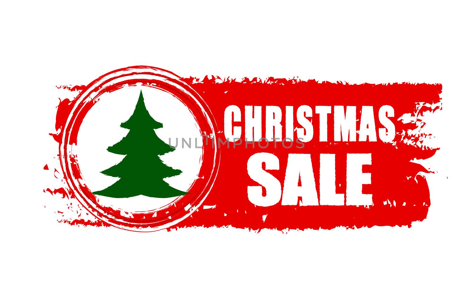christmas sale - text and christmas tree sign on red drawn banner, business holiday concept