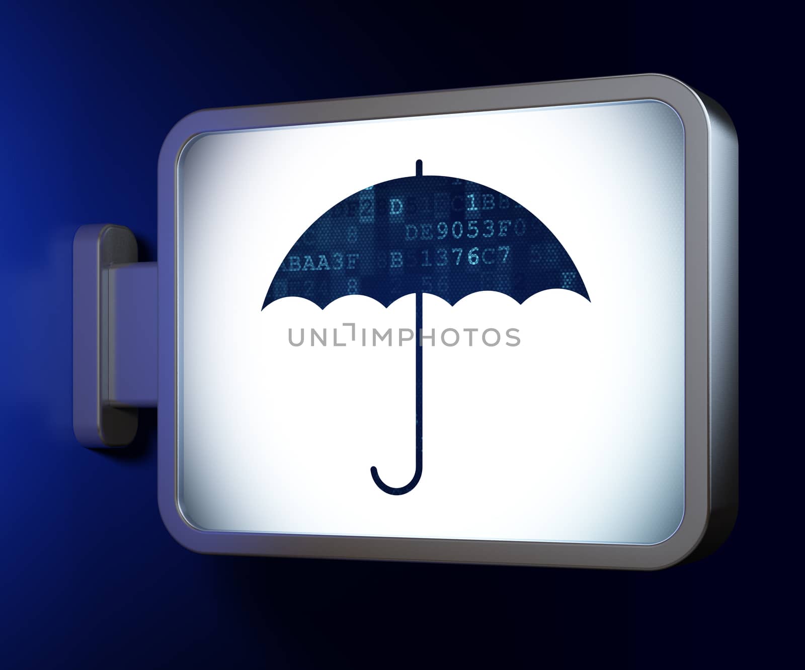 Safety concept: Umbrella on advertising billboard background, 3d render