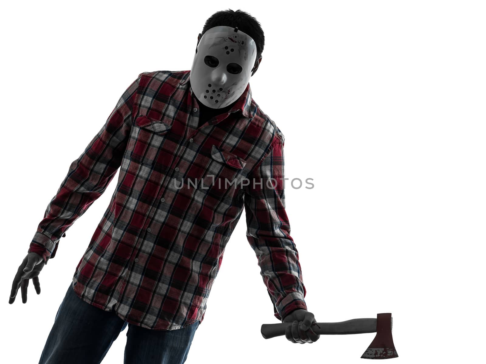 one caucasian man serial killer with mask portrait in silhouette studio isolated on white background