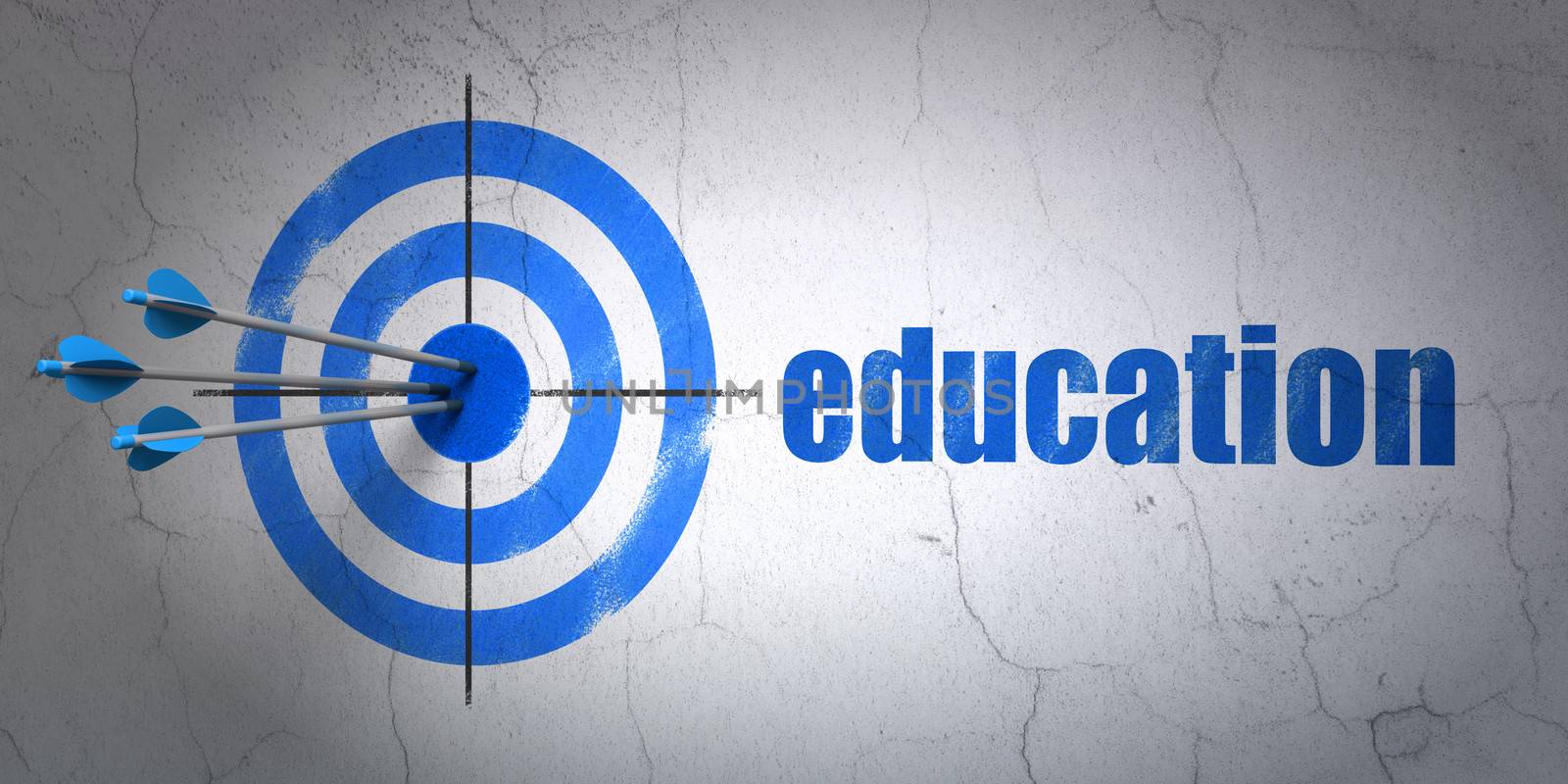 Success Education concept: arrows hitting the center of target, Blue Education on wall background, 3d render