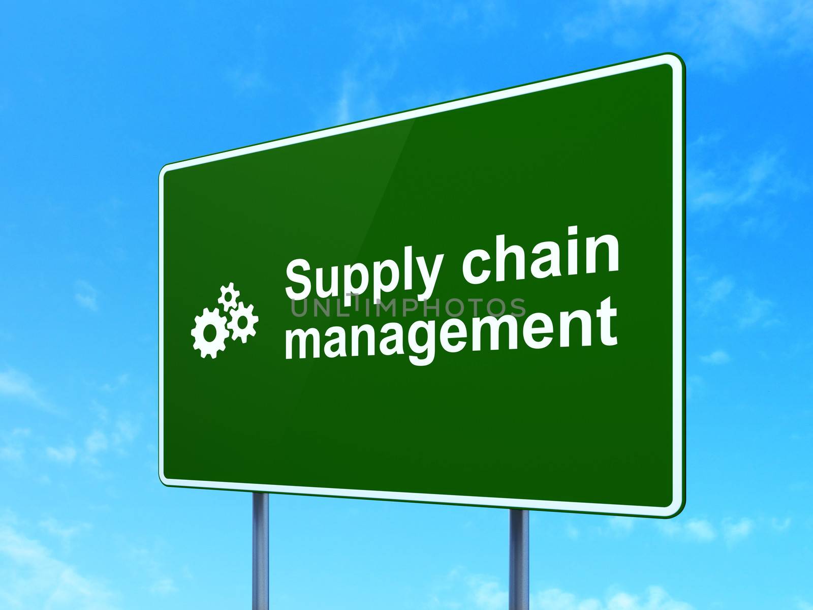 Advertising concept: Supply Chain Management and Gears icon on green road (highway) sign, clear blue sky background, 3d render