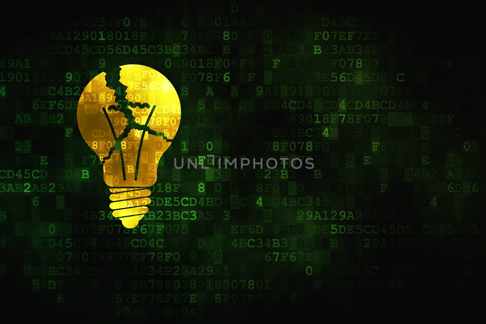 Business concept: pixelated Light Bulb icon on digital background, empty copyspace for card, text, advertising, 3d render