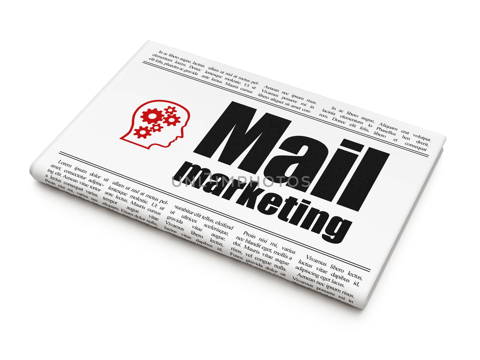 Marketing concept: newspaper headline Mail Marketing and Head With Gears icon on White background, 3d render