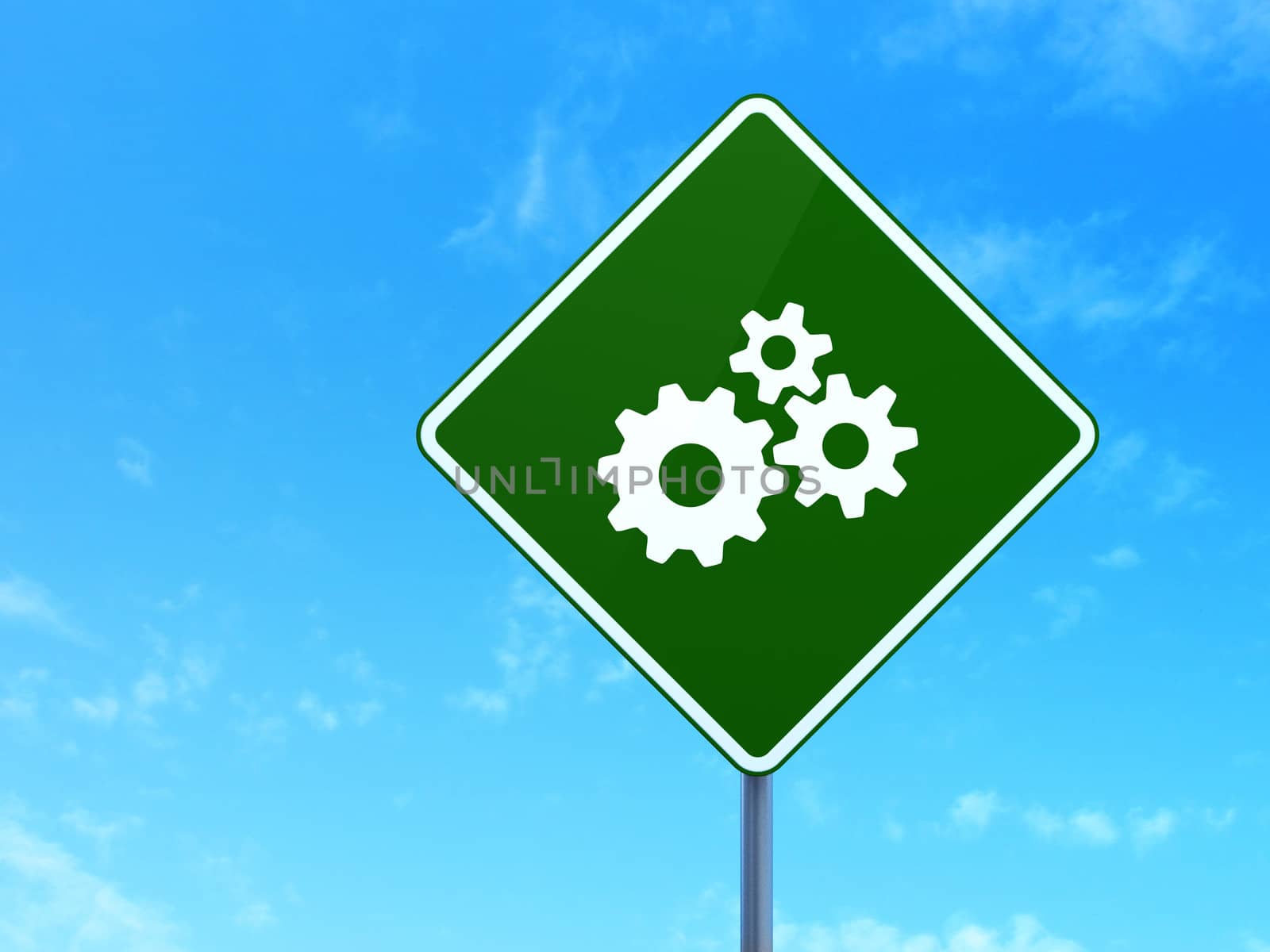 Marketing concept: Gears on green road (highway) sign, clear blue sky background, 3d render
