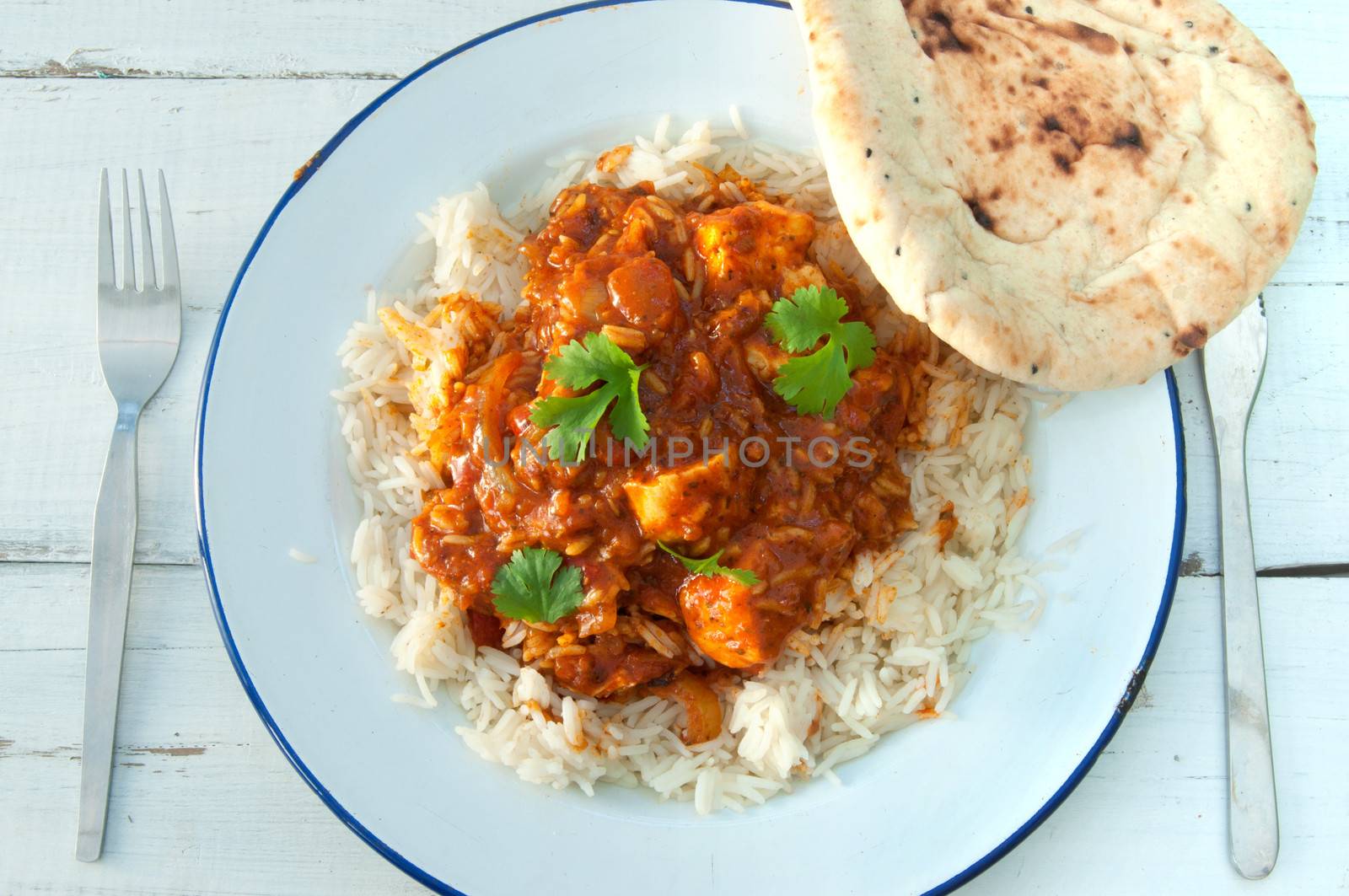 Plate of chicken curry with coriander and naan bread on the side 