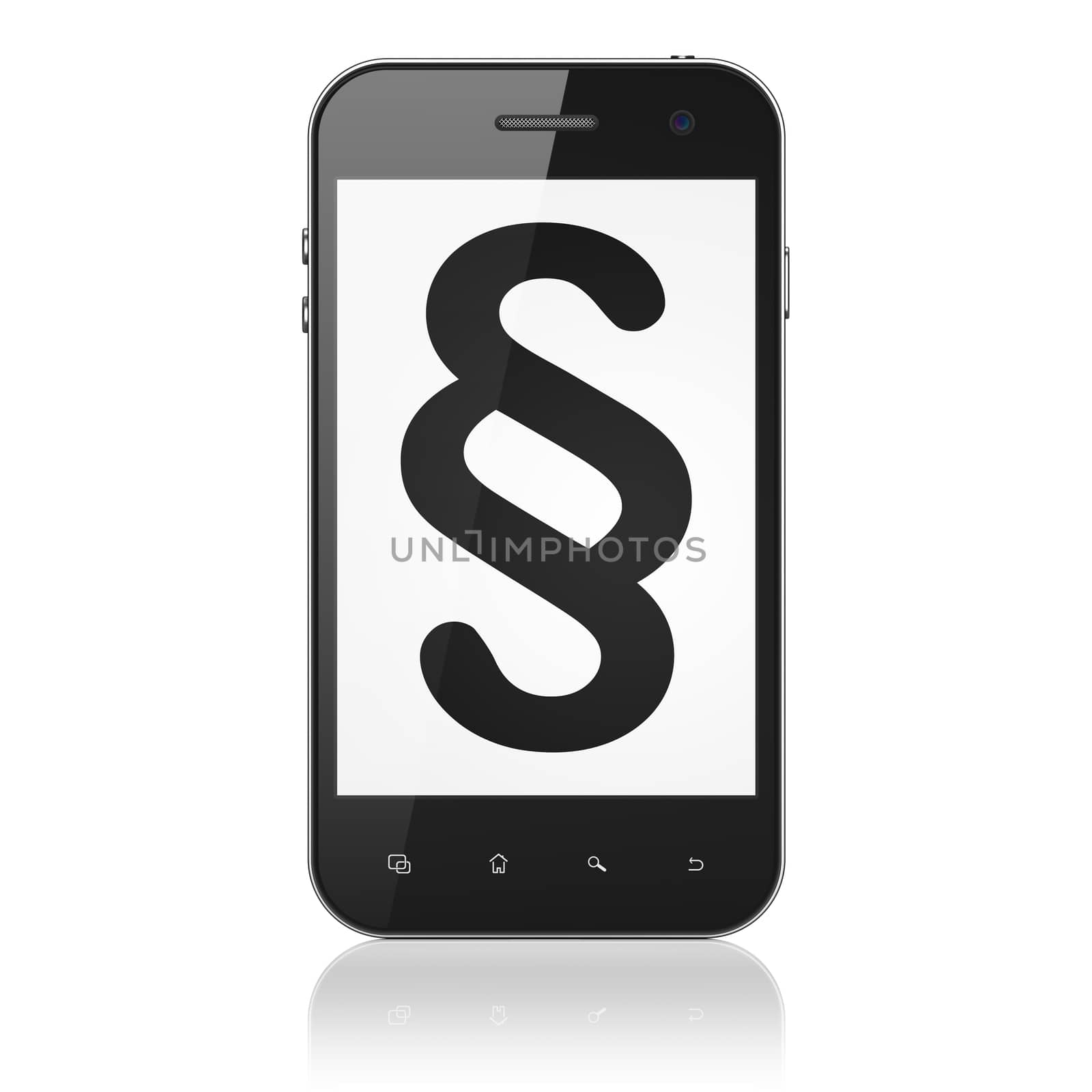 Law concept: smartphone with Paragraph icon on display. Mobile smart phone on White background, cell phone 3d render
