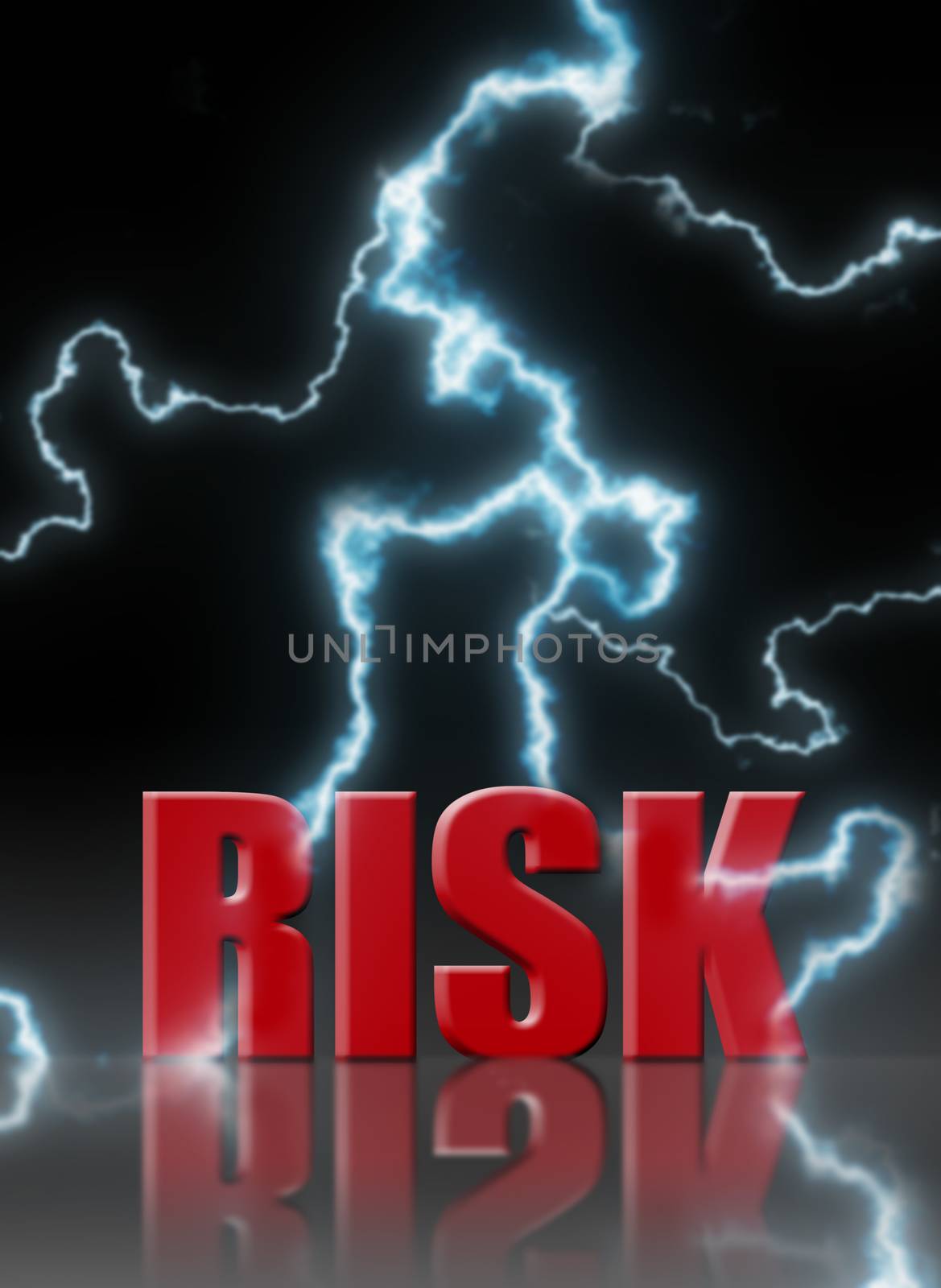 Thunder lightening bolts striking the word risk