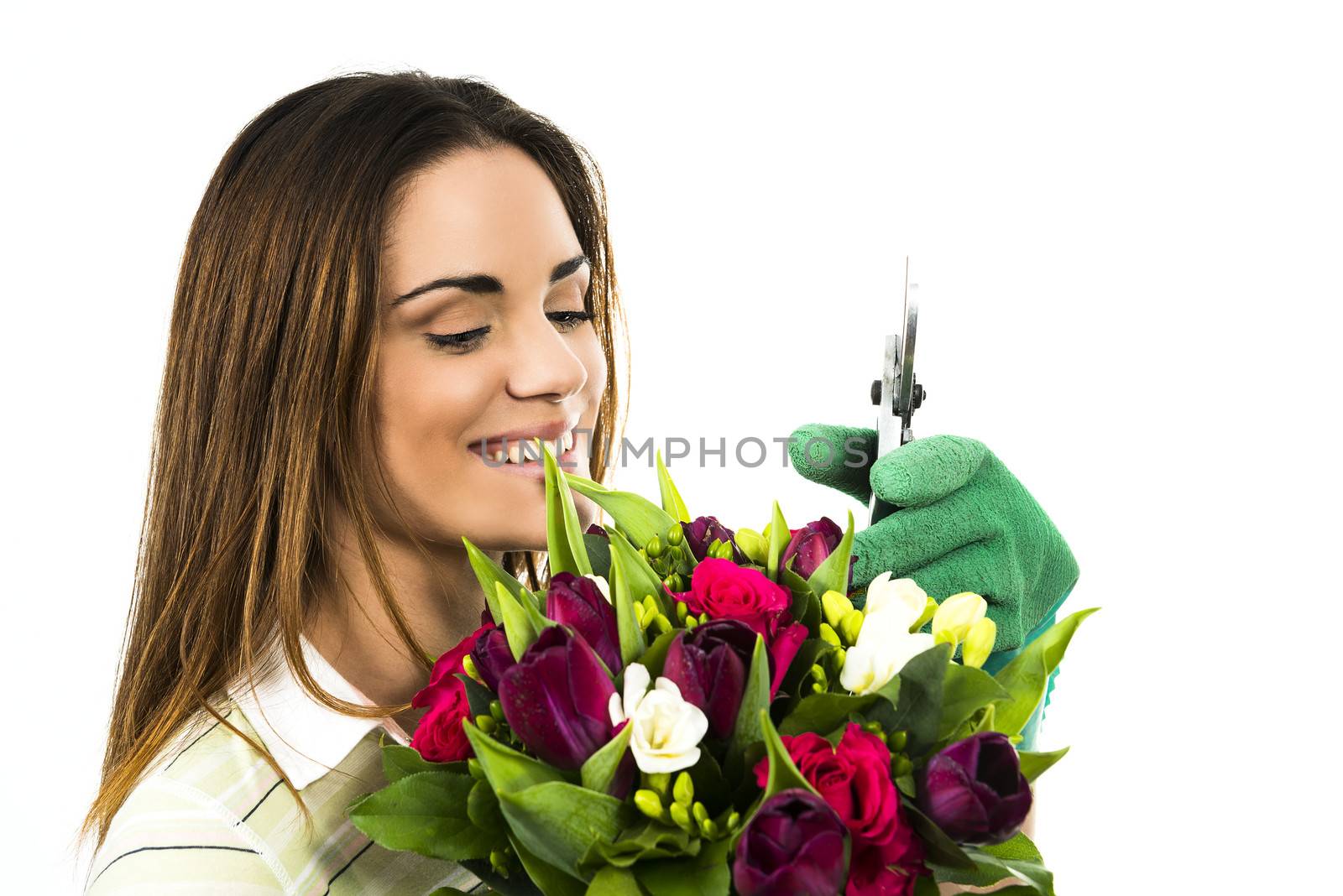 Gardening. Woman worker with flowers. Isolated over white background 