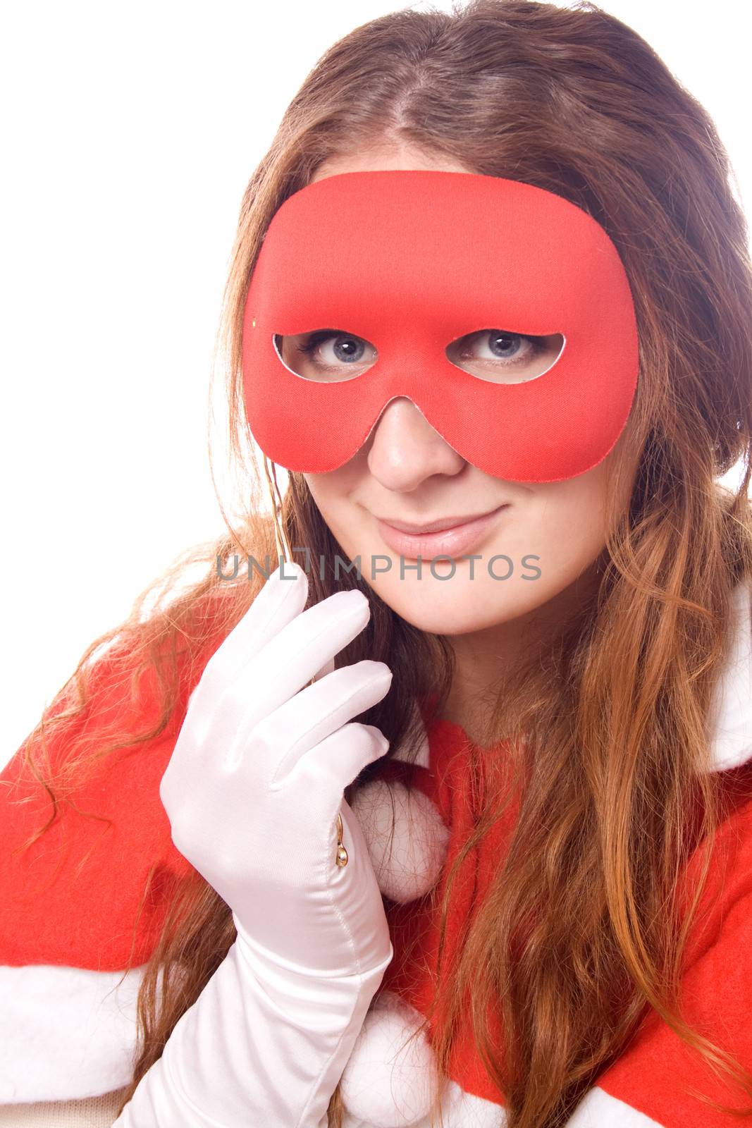 New masquerade mask on woman isolated on white background