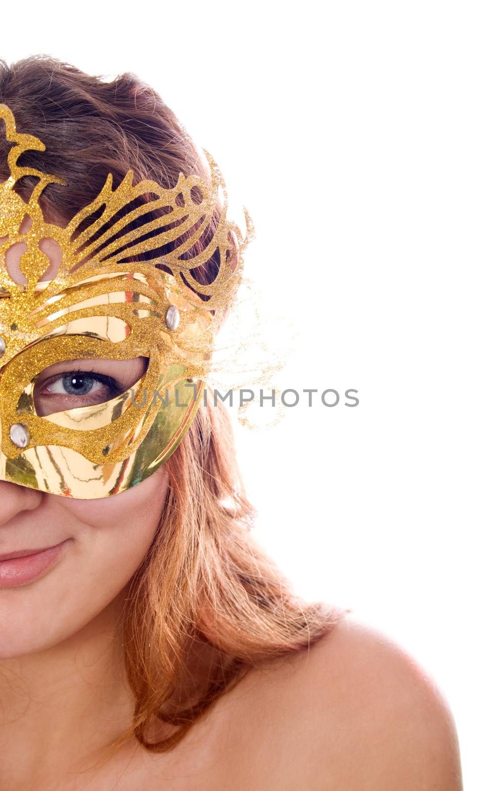 Beautiful Woman in Costume Mask isolated on white backround