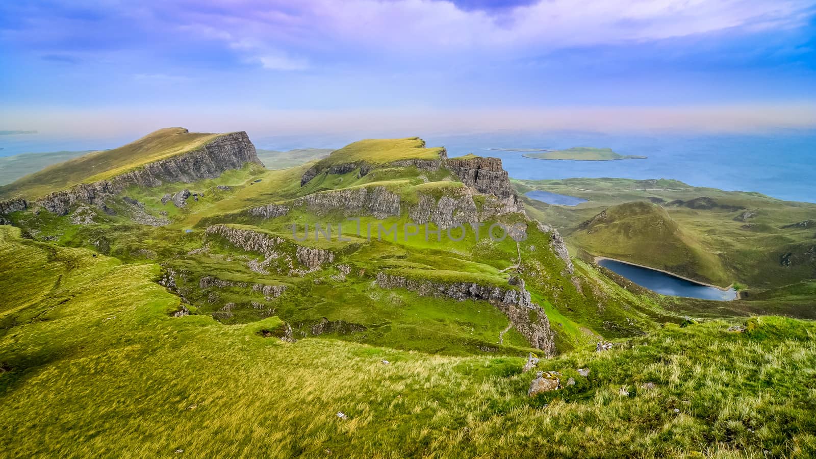Panoramic view of Quiraing coastline in Scottish highlands by martinm303
