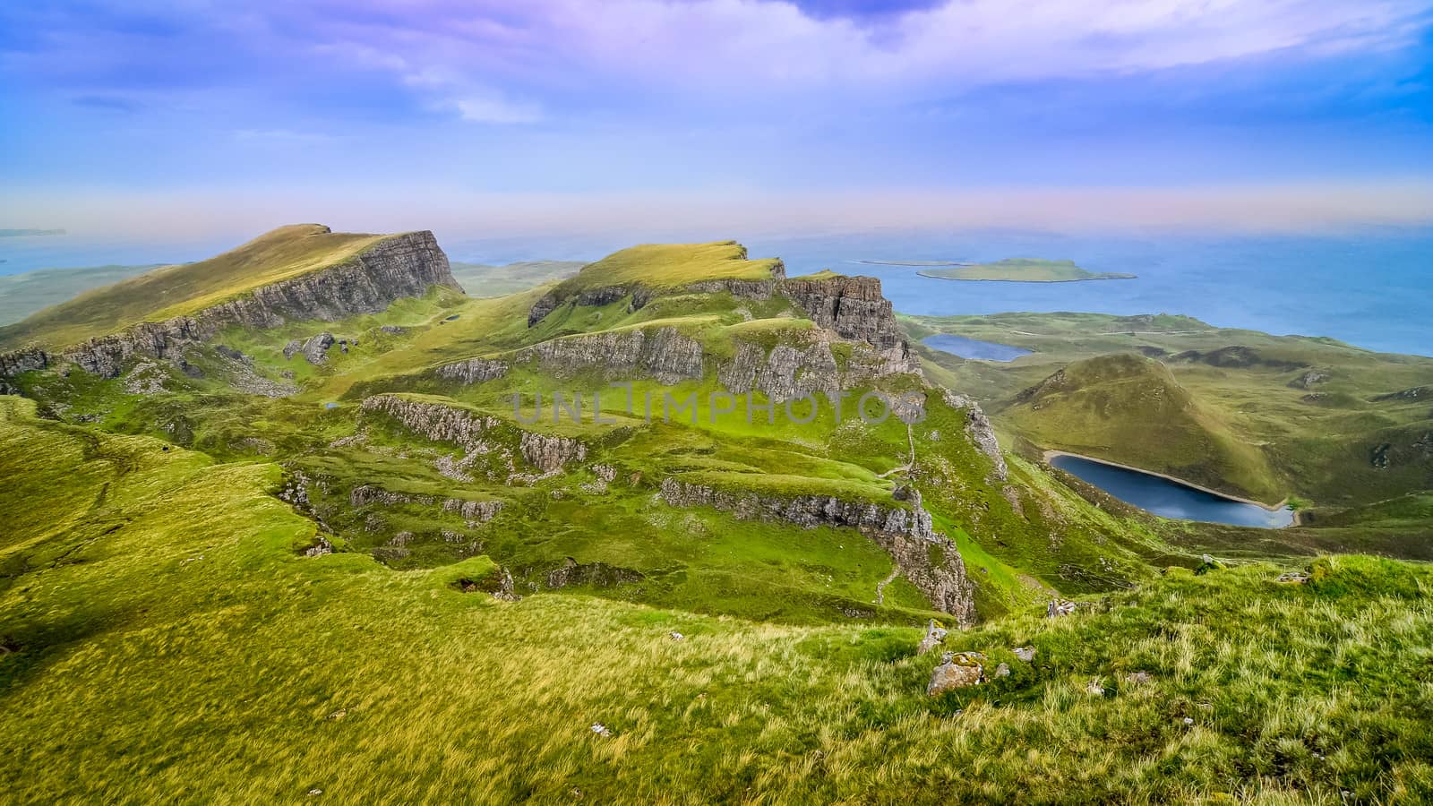 Panoramic view of Quiraing coastline in Scottish highlands, United Kingdom