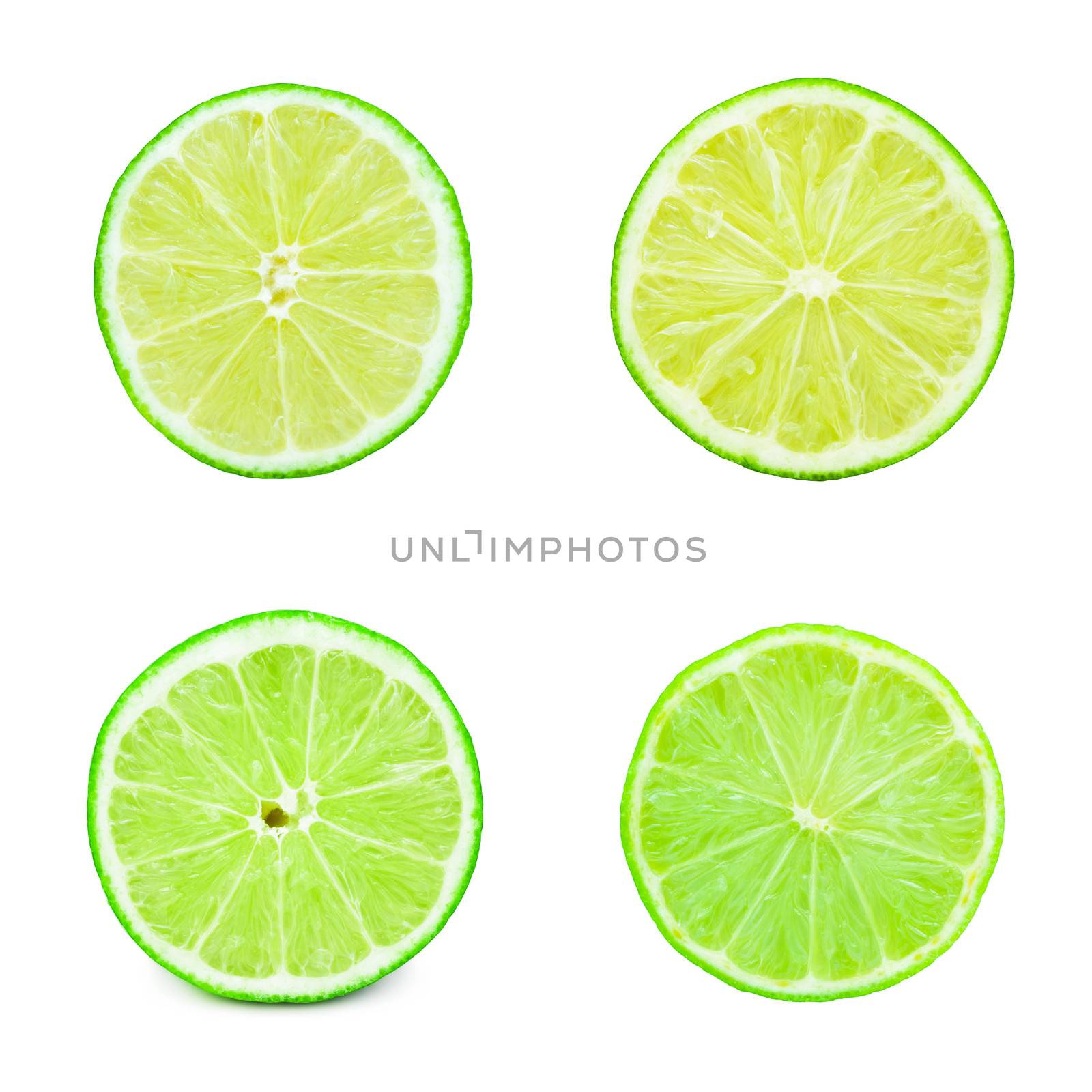 Collection of fresh green limes isolated on white background