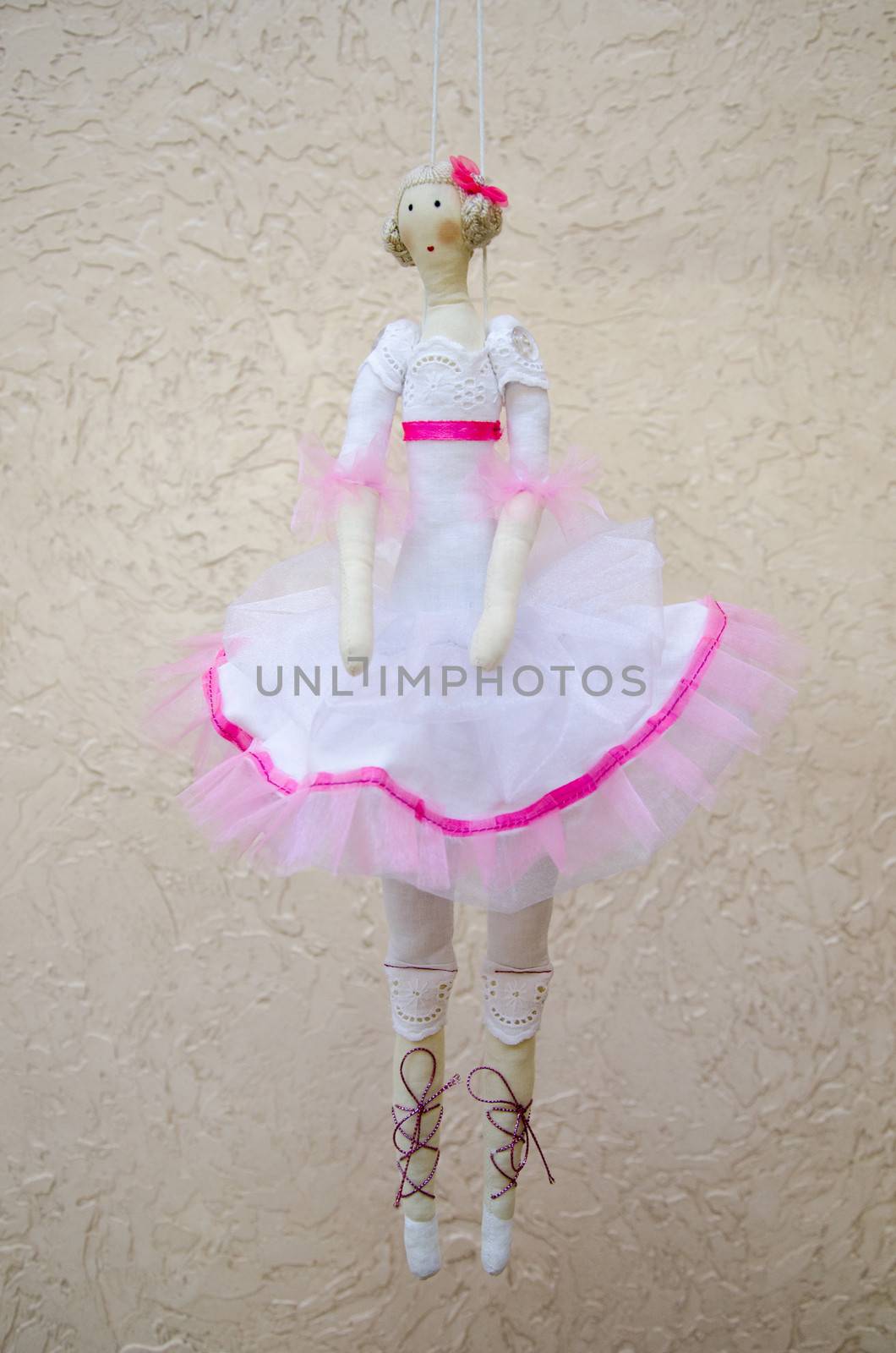 Handmade doll ballerina in white dress on the cord by pt-home