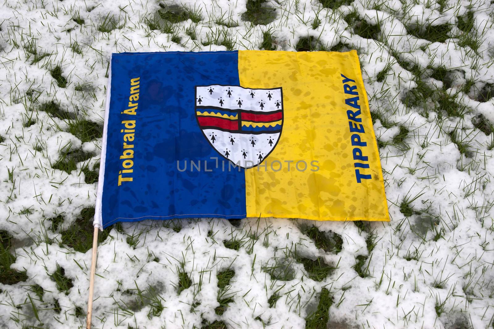 the Tipperary flag against a snow covered green grass background