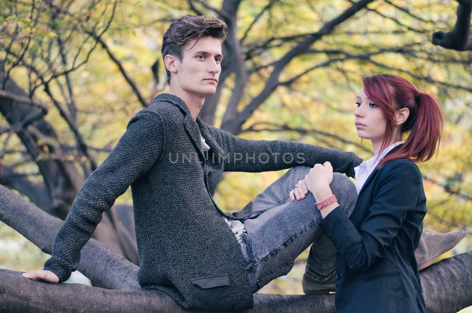 Young elegant couple, man sitting on big tree branch, girl next to him during fall