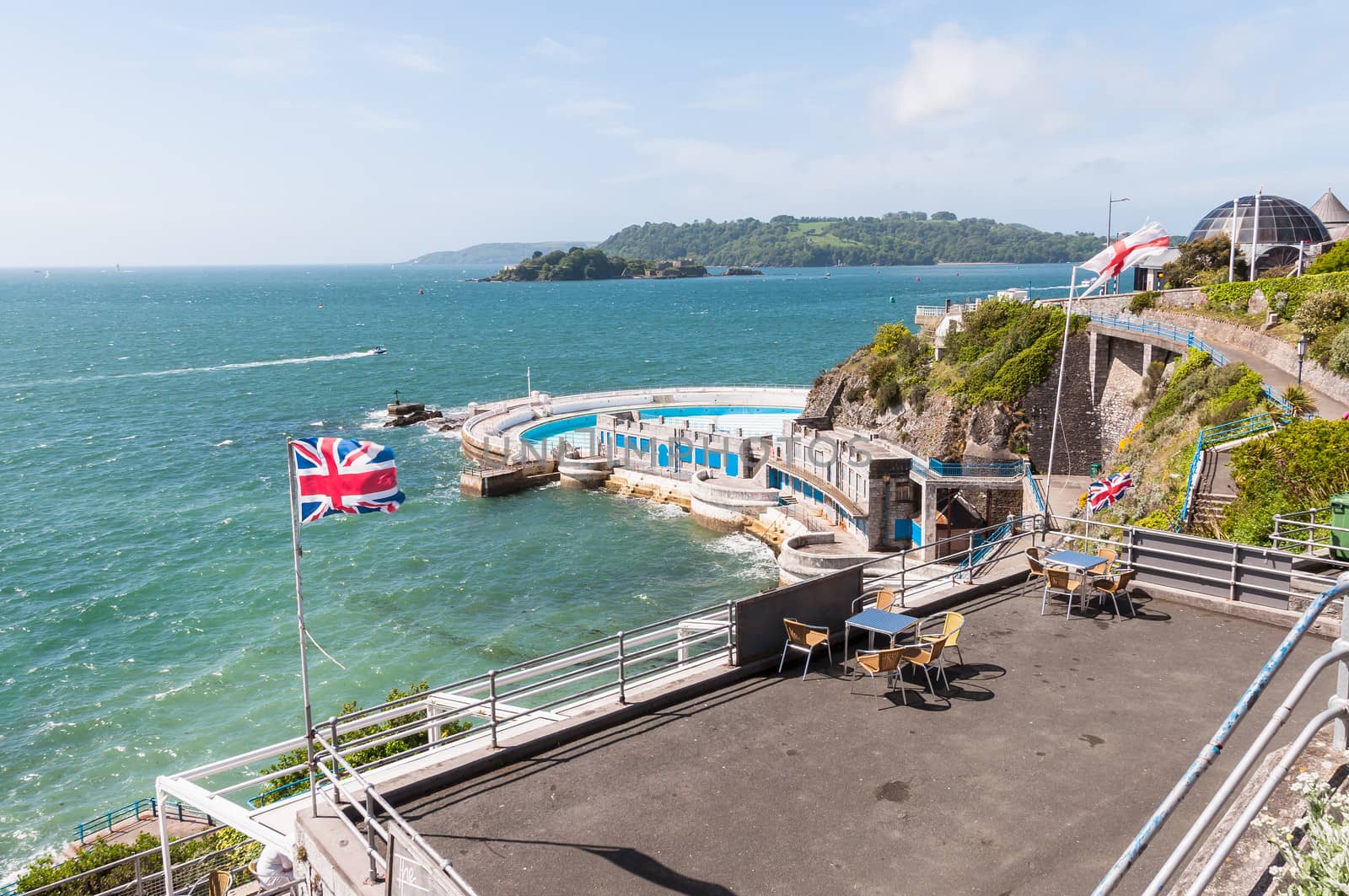 View of Drakes Island from terrace in Plymouth, Great Britain