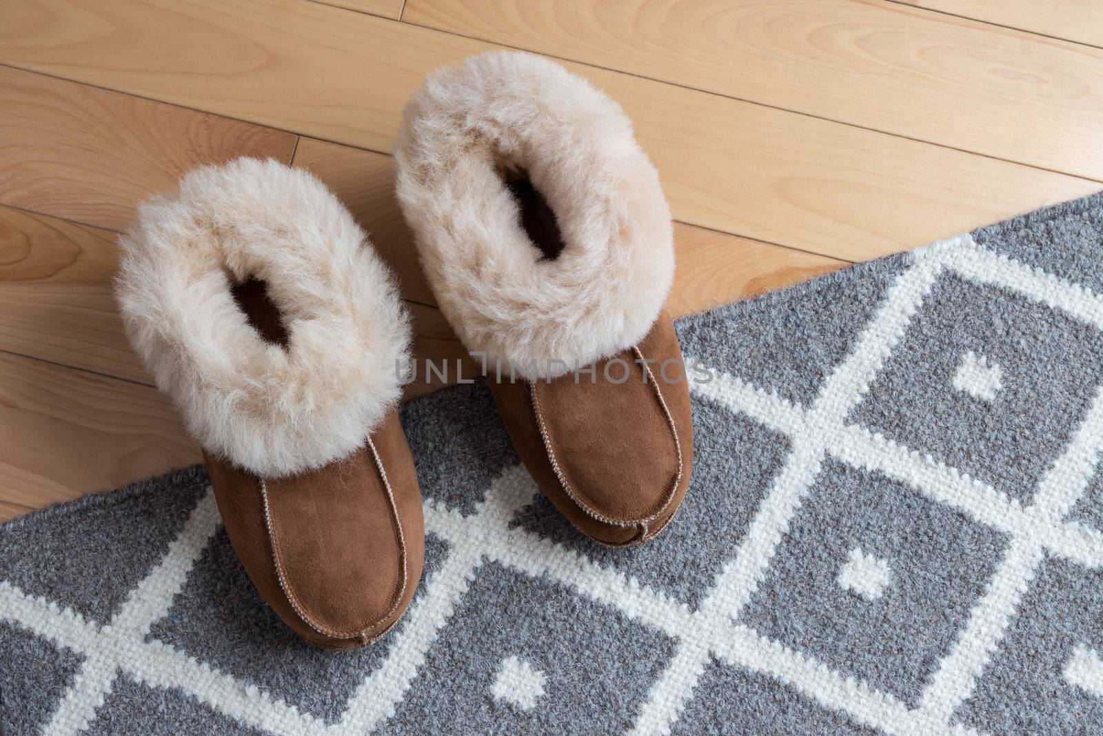Warm comfortable slippers on a gray rug.