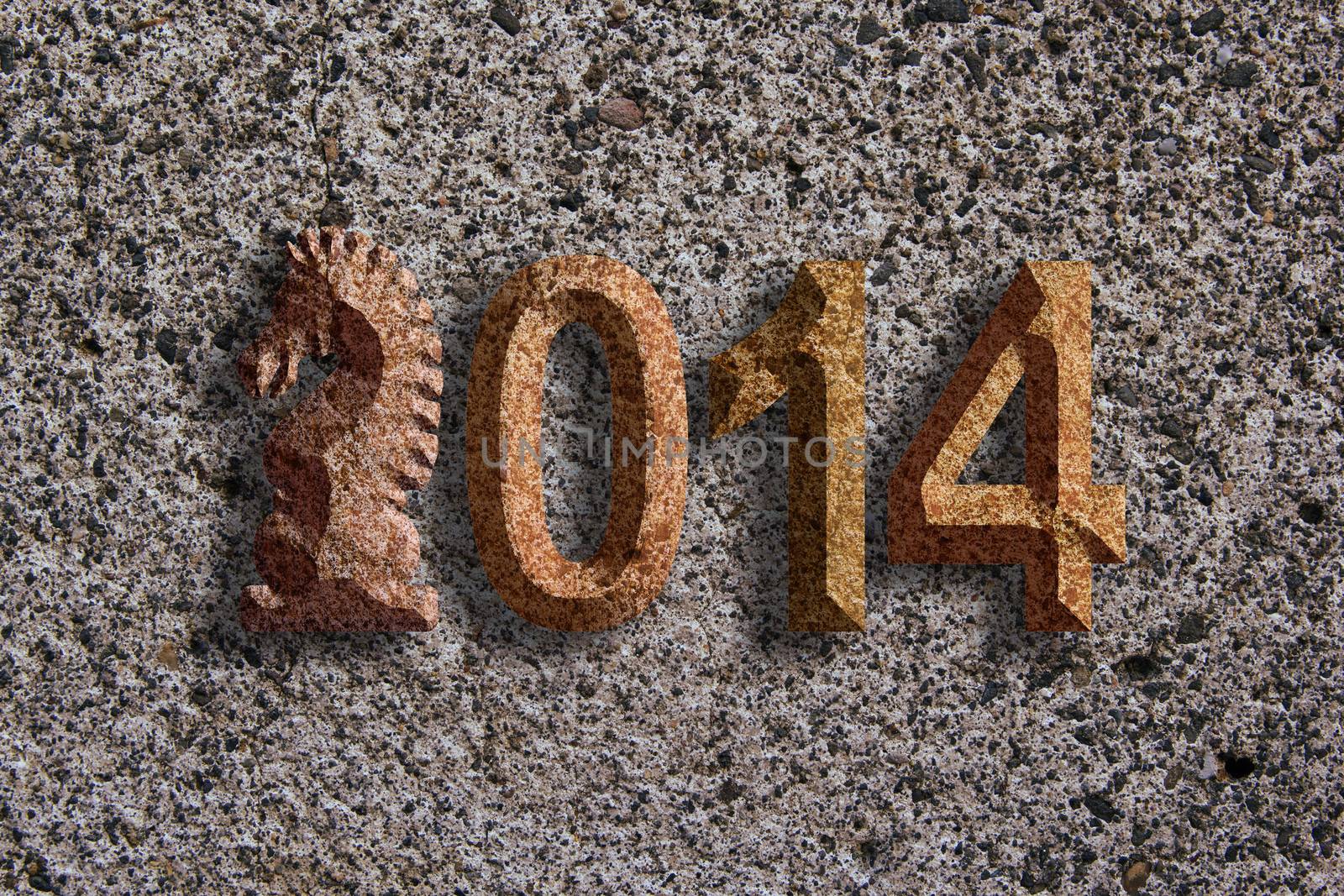 2014 Chinese Lunar New Year of the Horse 3D Chisel Stone Blocks Numerals on Stone Grunge Background Illustration