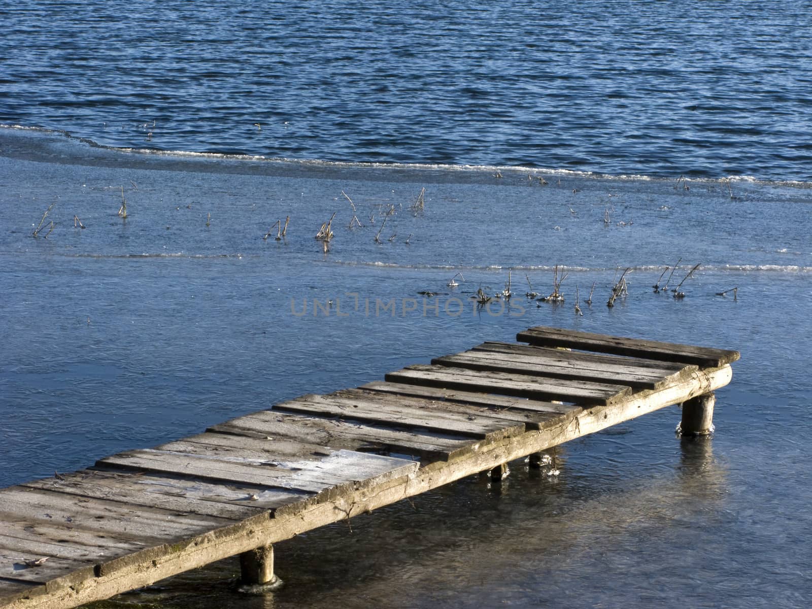 Frozen pond with wooden planked foot way on sunny winter day