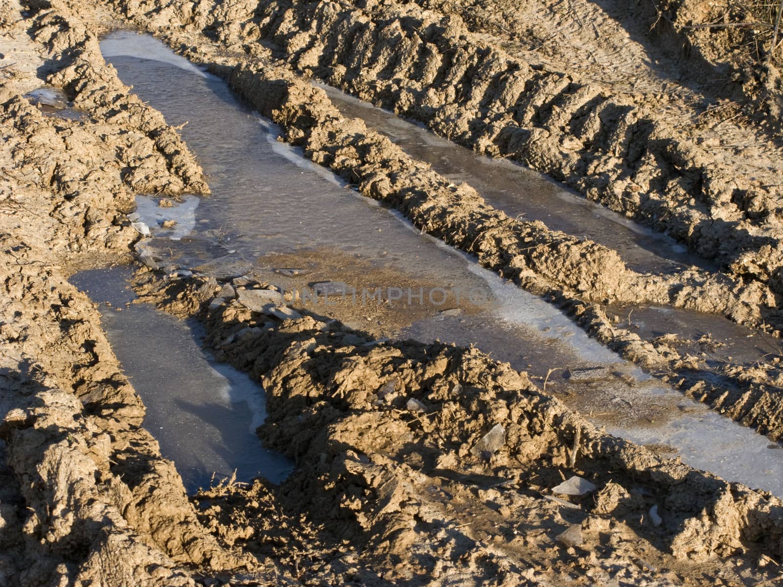 Country earth road with frozen pool at sunny day