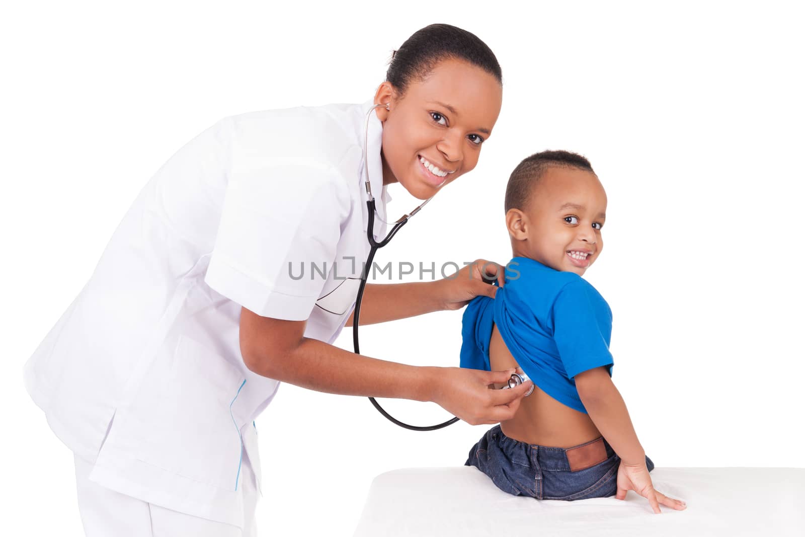 African american woman doctor with child isolated