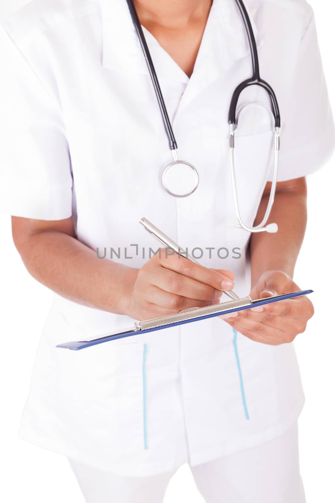 African american woman doctor a over white background, isolated