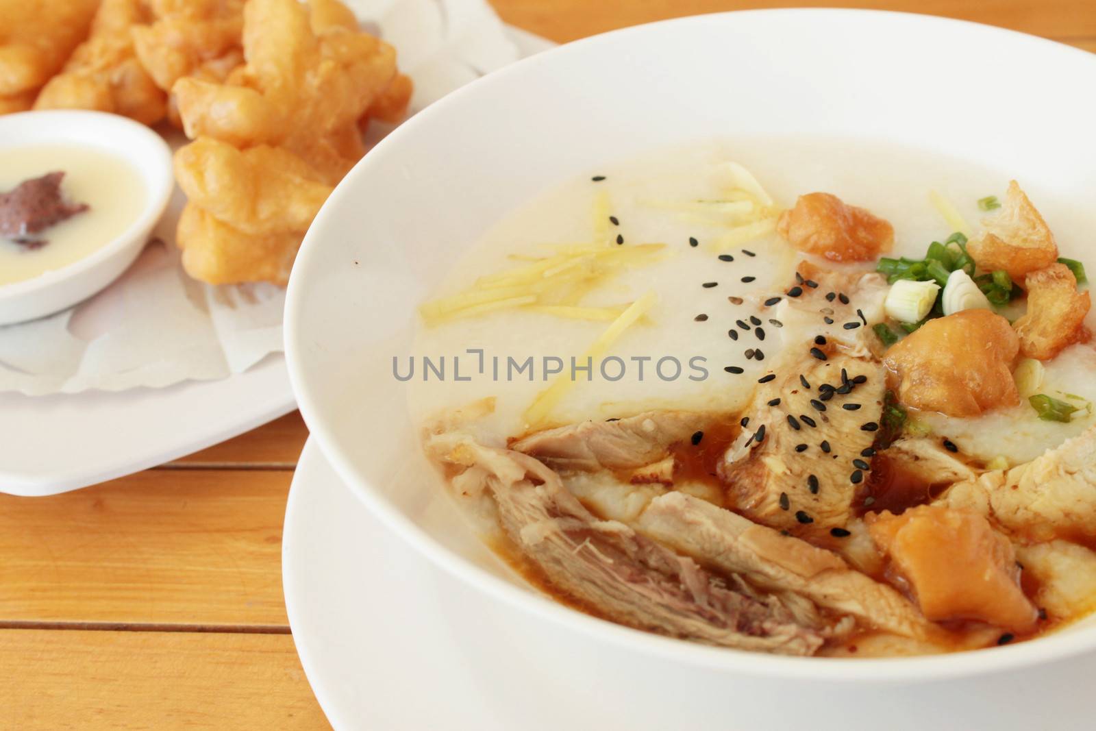Rice porridge with pork and  Patonko with sweet condensed milk