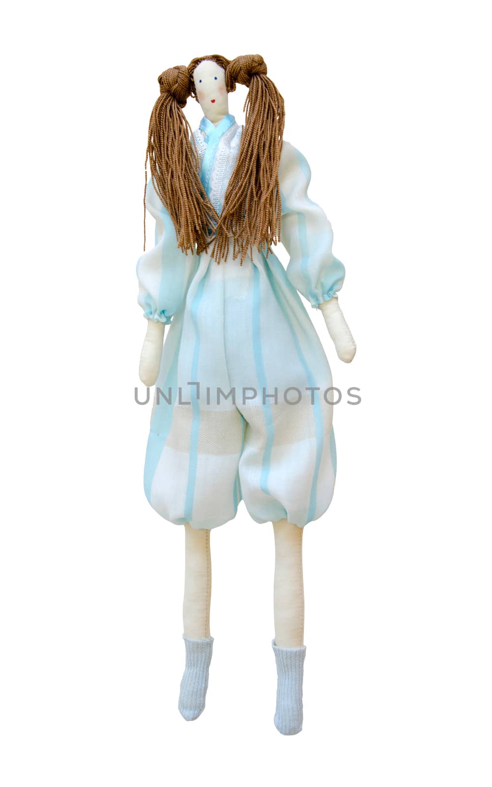 Handmade doll isolated in a pantsuit with two ponytails by pt-home