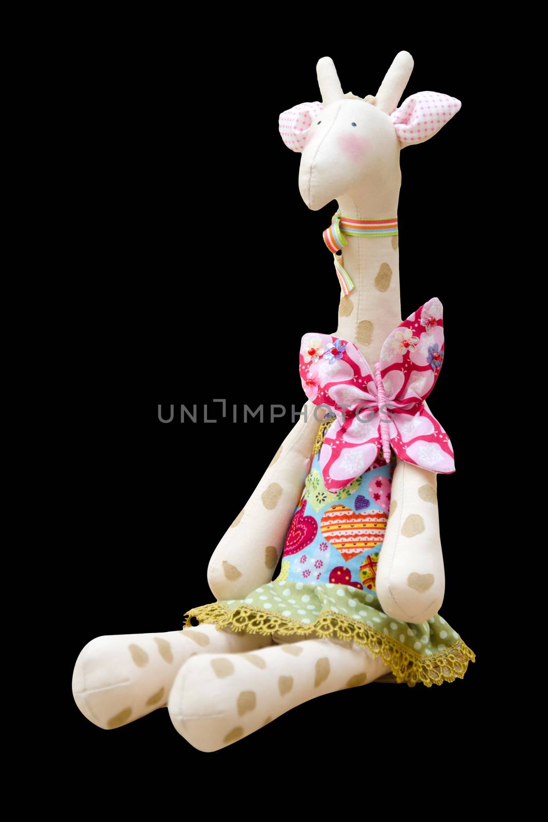 The Hand made soft toy giraffe isolated in a dress sitting