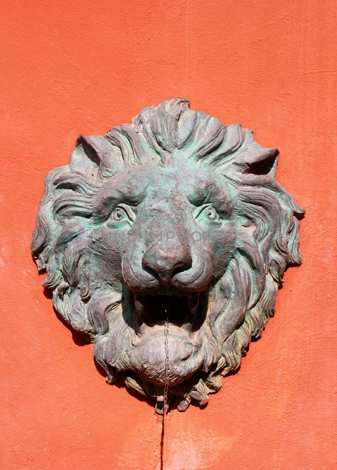 Water flow from lion statue on wall  by nuchylee